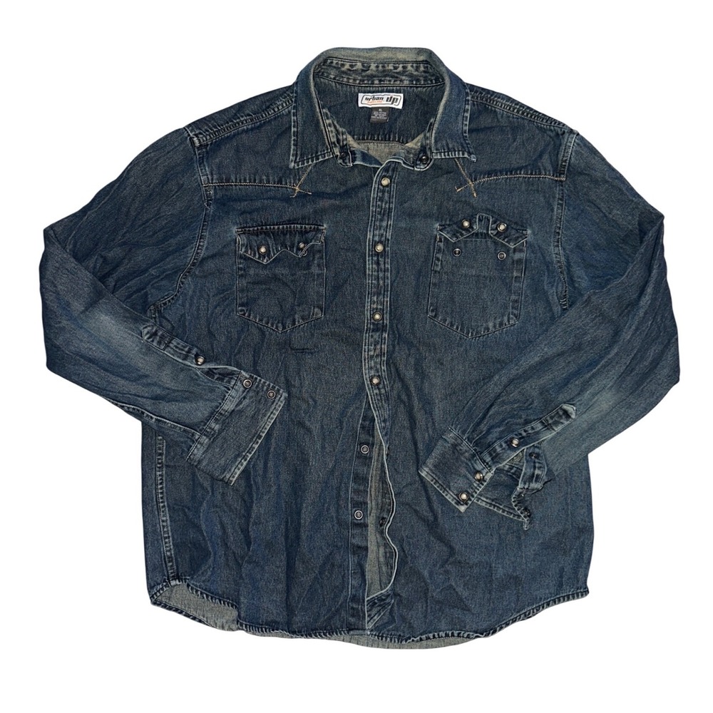 Urban Pipeline Mens XL Blue Denim Pearl Snap Long Sleeve Western Shirt Cotton